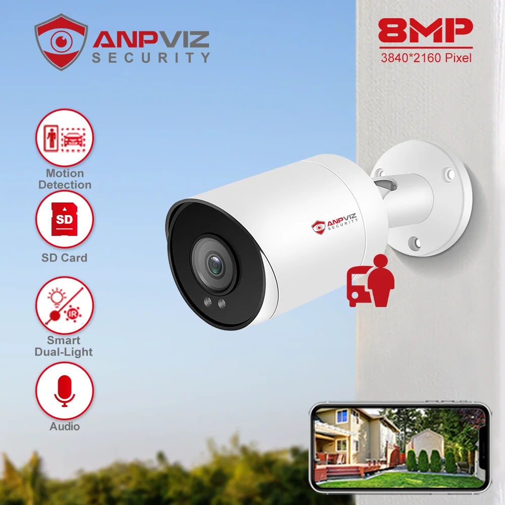Anpviz 8MP POE IP Bullet Camera Outdoor 24/7 ColorVU 30m CCTV Video Surveillance IP67 SD Card H.265 Audio Motion Detection 2.0 1
