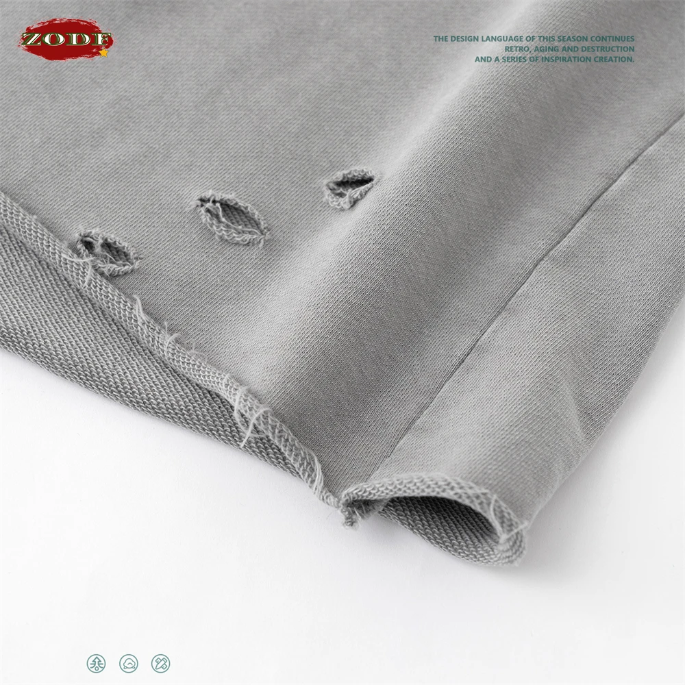 ZODF 2025 Men Summer Heavy Weight Washed 330gsm Cotton T-shirt Unisex High Street Distressed Holes Oversized T Shirts Tee HY0984 6