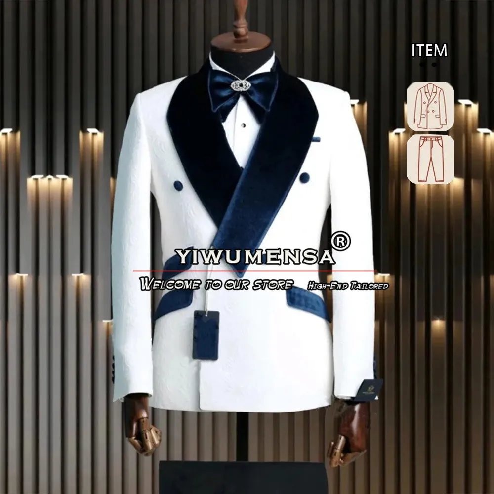 Groom Wear Wedding Suits For Men Black Velvet Lapel White Floral Jacket Pants 2 Pieces Boyfriend Marriage Clothing