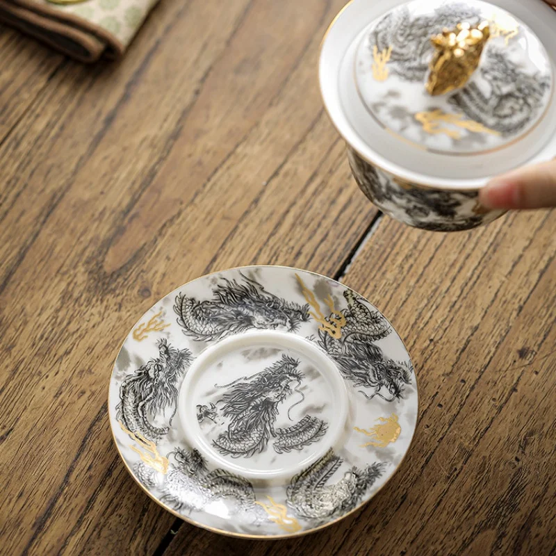 Chinese Dark Dragon White Sheep Fat Jade Porcelain Gaiwan 360&deg; Water Outlet Gold Painted High-end Retro Tea Bowl Gift Set