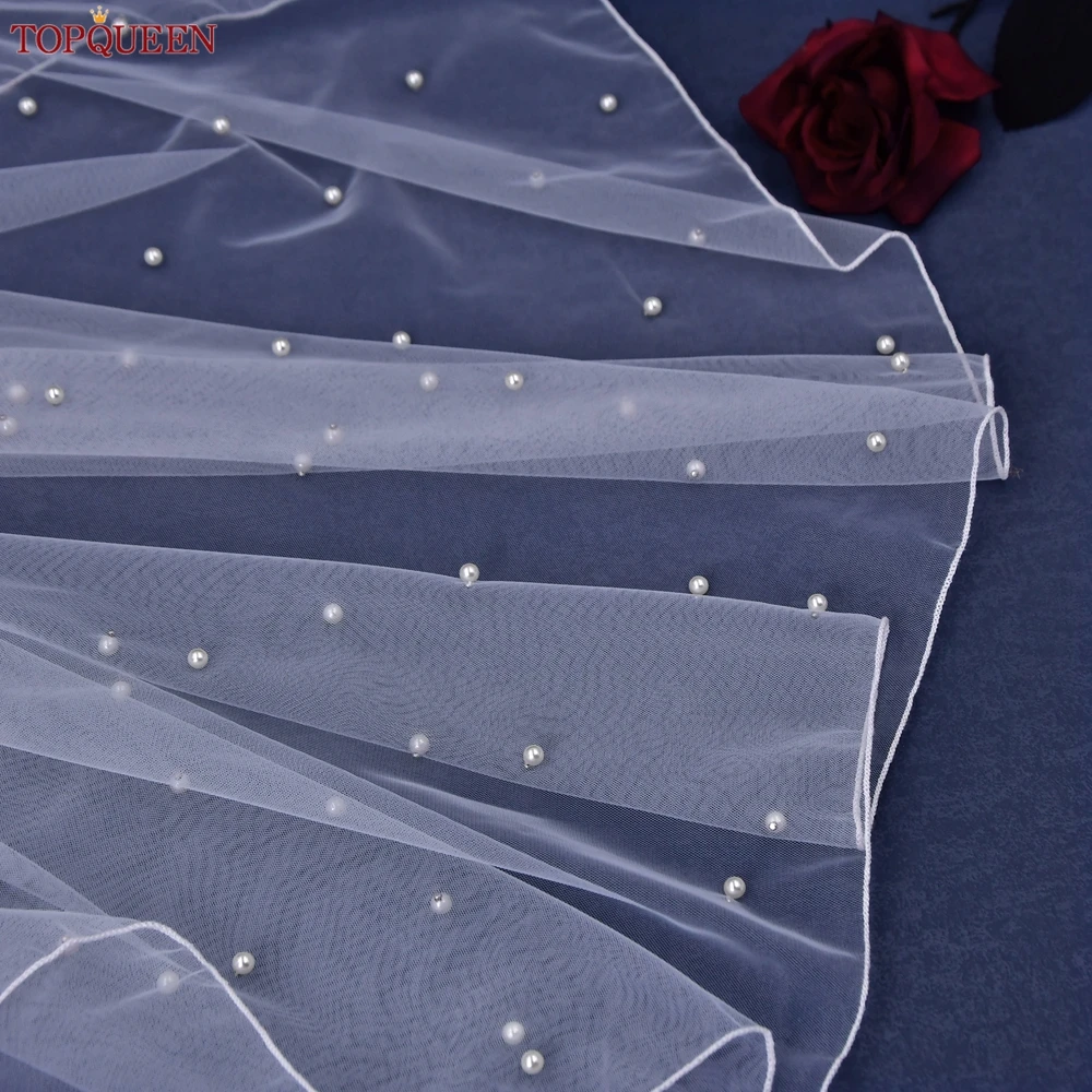 Short Bridal Veils Pearls Beaded Wedding Veil For Bachelorette Party Pencil Edge Elbow Length Veil 1 Tier Novio V06