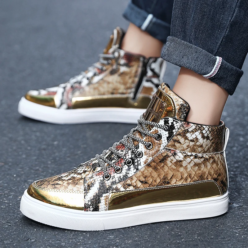 Silver Snaker Leather Men Brand Sneakers Trendy Zippers Design Mens Vulcanized Sneakers Leather Glitter Men High Top Sneakers 4