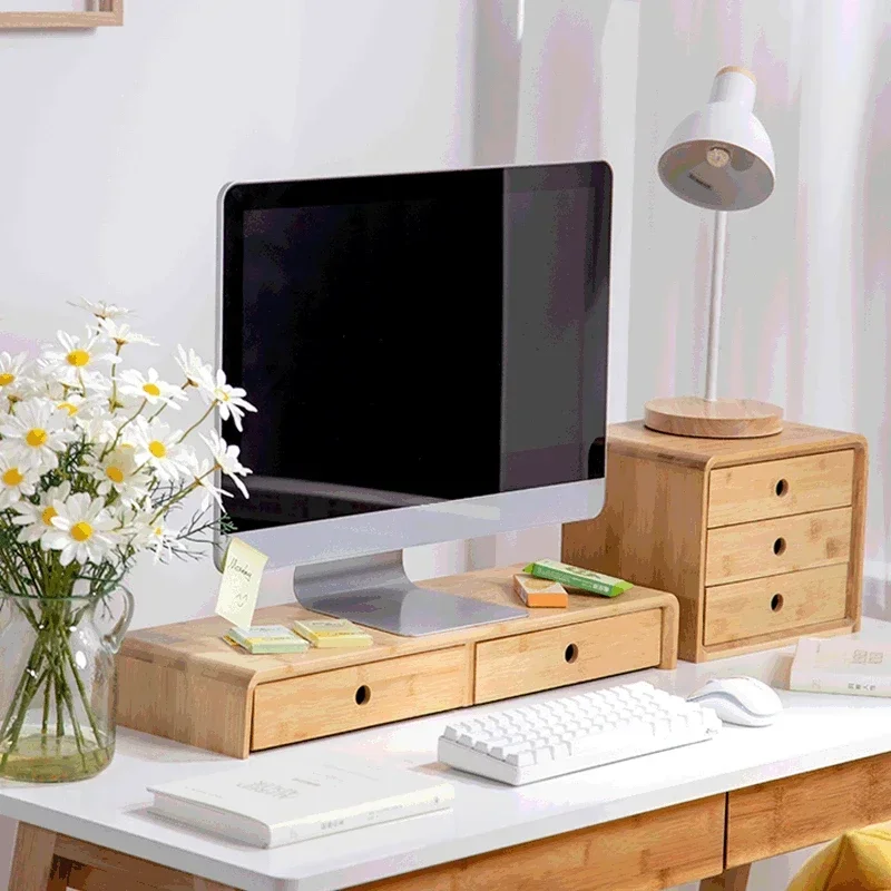 Computer Monitor Elevated Rack Desktop Bamboo Storage Drawer Shelving Desk Storage Cabinet