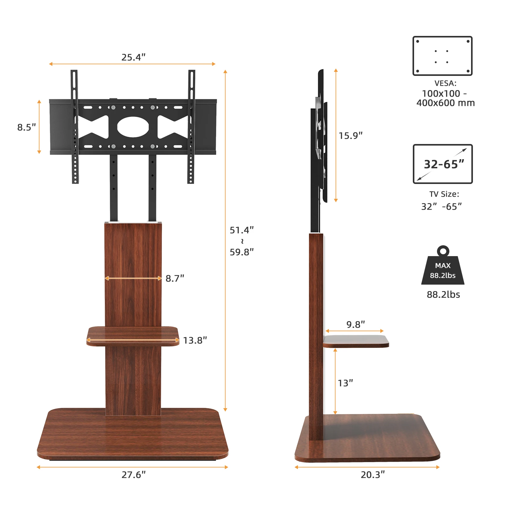 Tvon Tv-vloerstandaard Met Verborgen Zwenkwielen Voor 32-70 Inch Tv's Tvon Tv-vloerstandaard Met Verborgen Zwenkwielen Voor 32-70 Inch Tv's