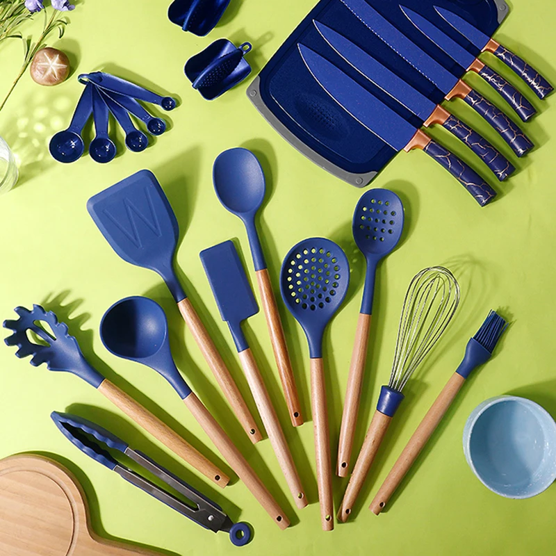 25PCS Silicone Kitchenware Non-Stick Cookware Kitchen Utensils Set Spatula Shovel Egg Beaters Wooden Handle Cooking Tool Set