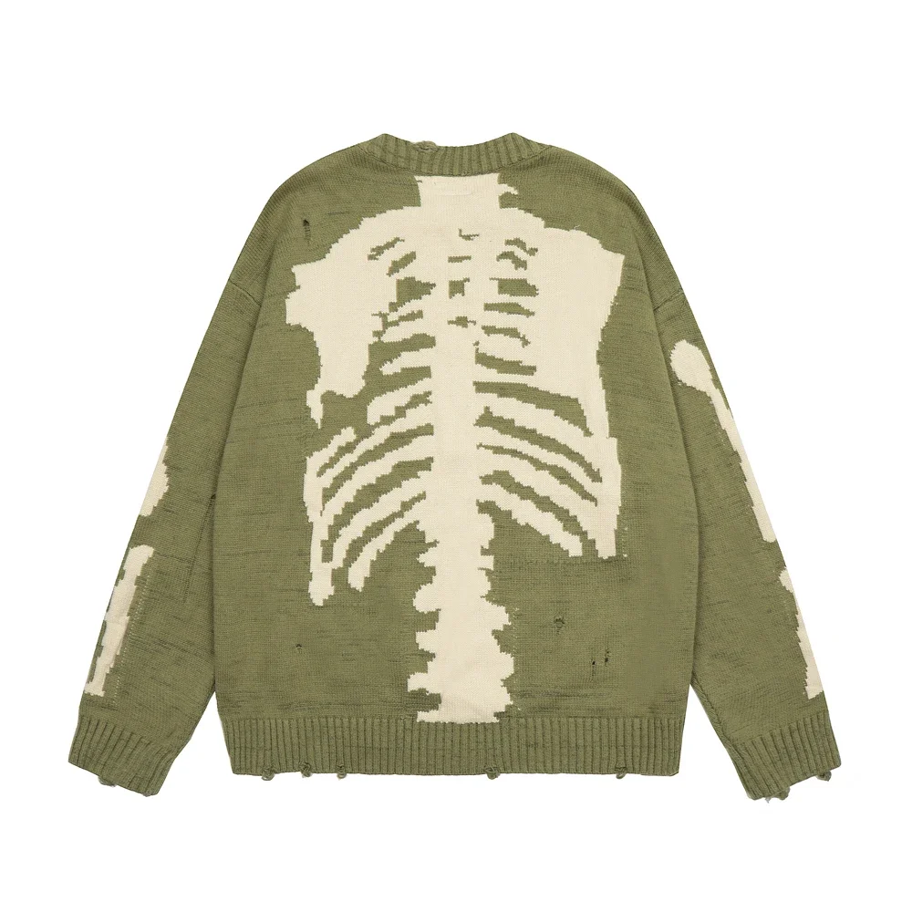 

FW Loose KAPITAL Skeleton Bone Green Sweater Men Woman 1:1 High Quality Crewneck Vintage Damage Hole Sweatshirts