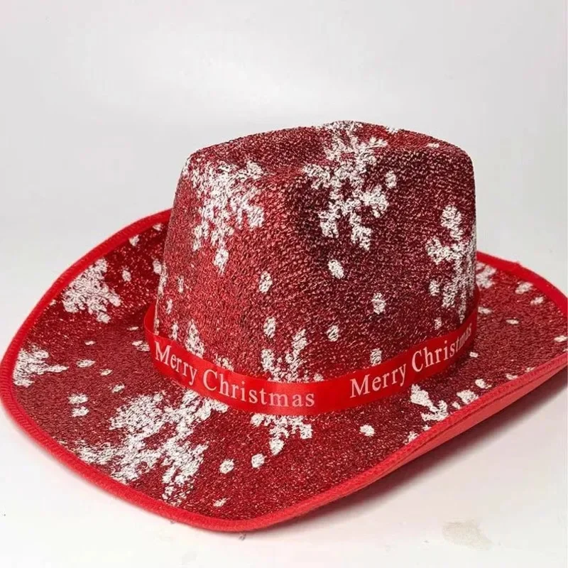 Christmas Cowboy Hat Sequined Furred Scarf Red Cowboy Hat Santa Furred Sequined Snowflake Christmas Party