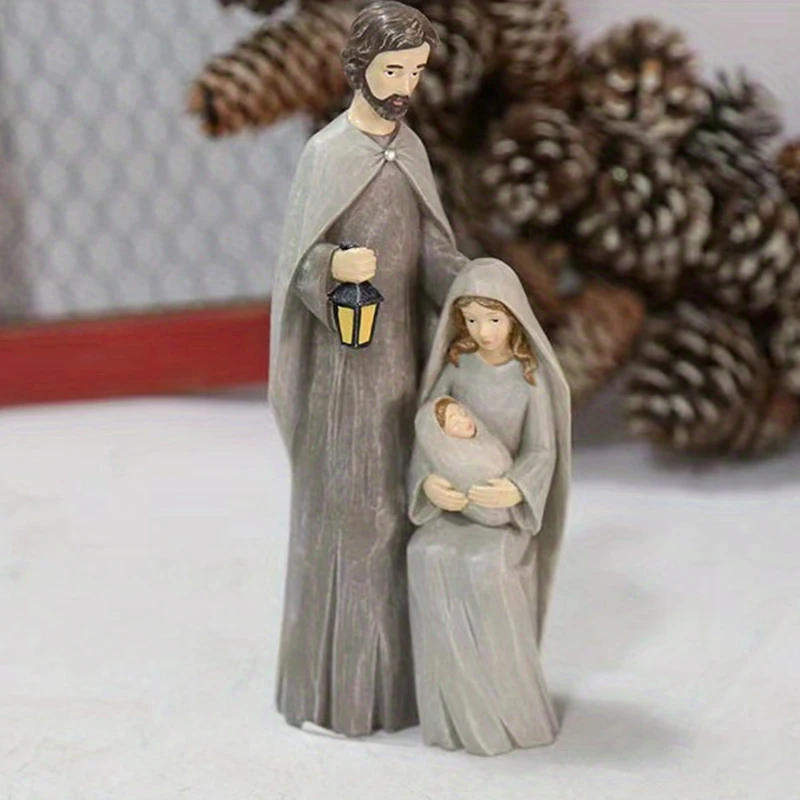Statuina Presepe Sacra Famiglia In Resina, Decorazione Natalizia Per Tavolo O Mensola
