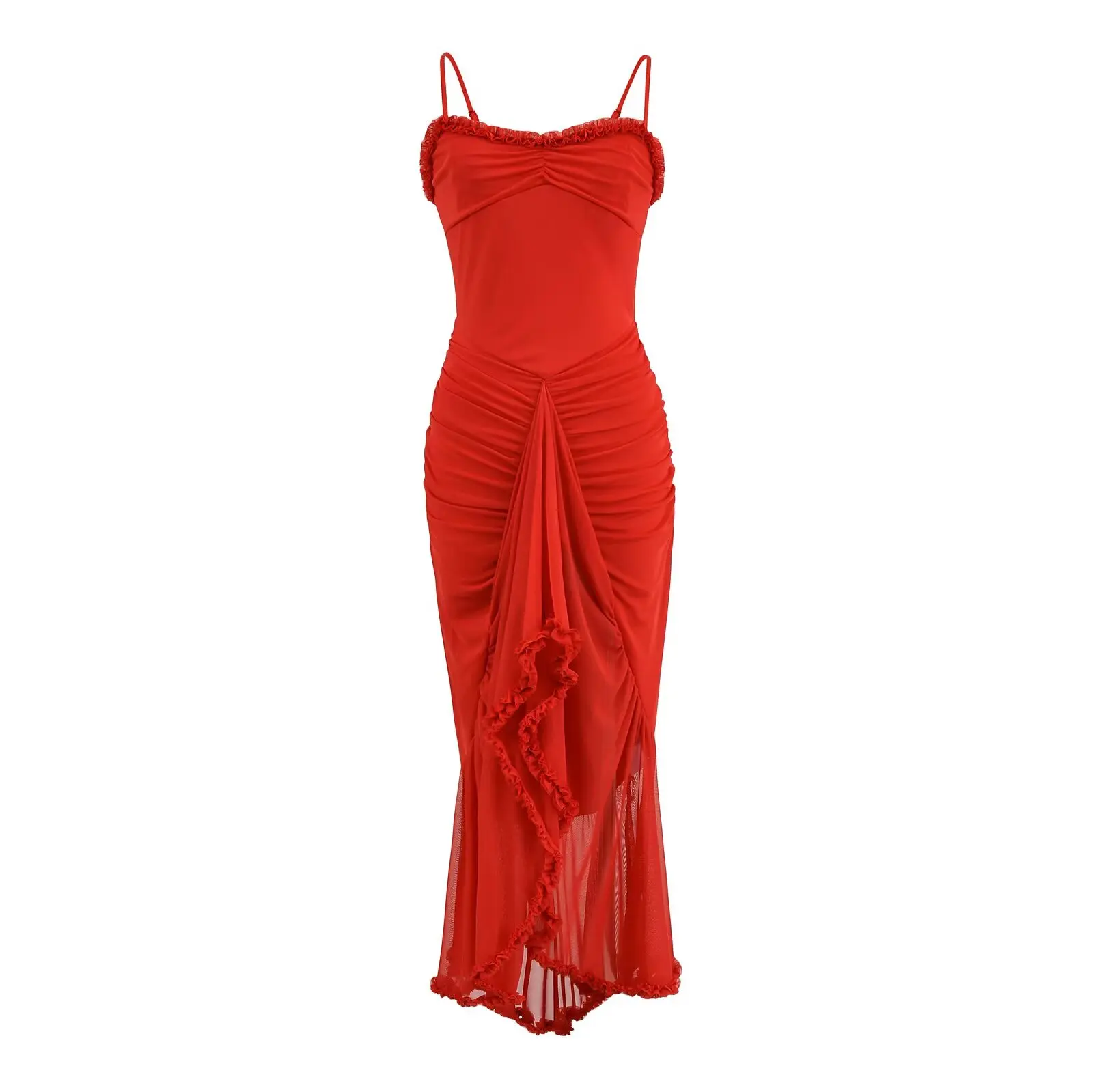 2025 Sexy Holzohren V-Ausschnitt Mesh Sling Kleid Frauen geraffte schlanke Taille Paket Hüften Rüschen unregelmäßige Schwalbenschwanz Kleider Party Robe – Detail 26