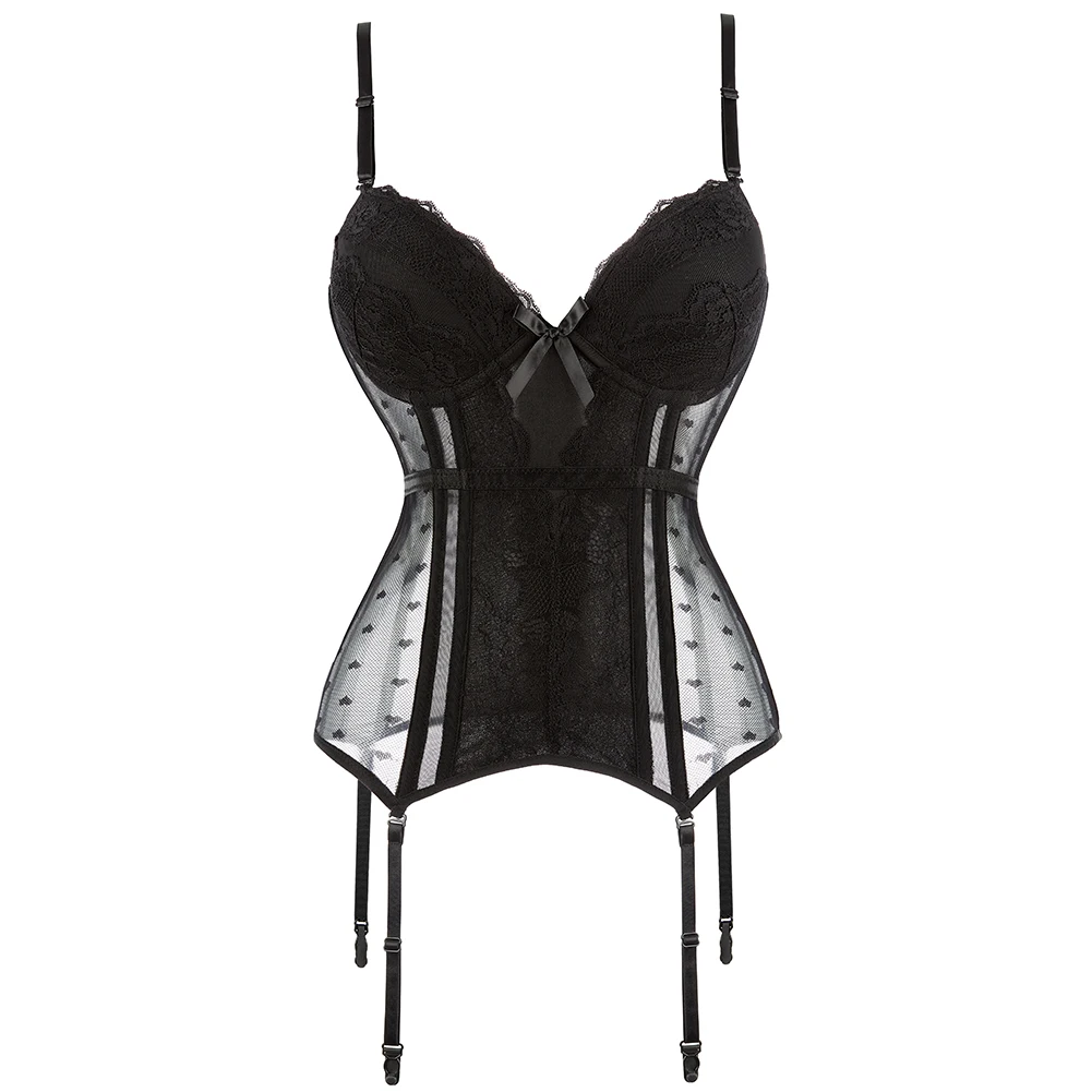 Back Hooks Corset Adjustable Straps Black Red Slimmer Bustier Top Heart Shape Print Lingerie