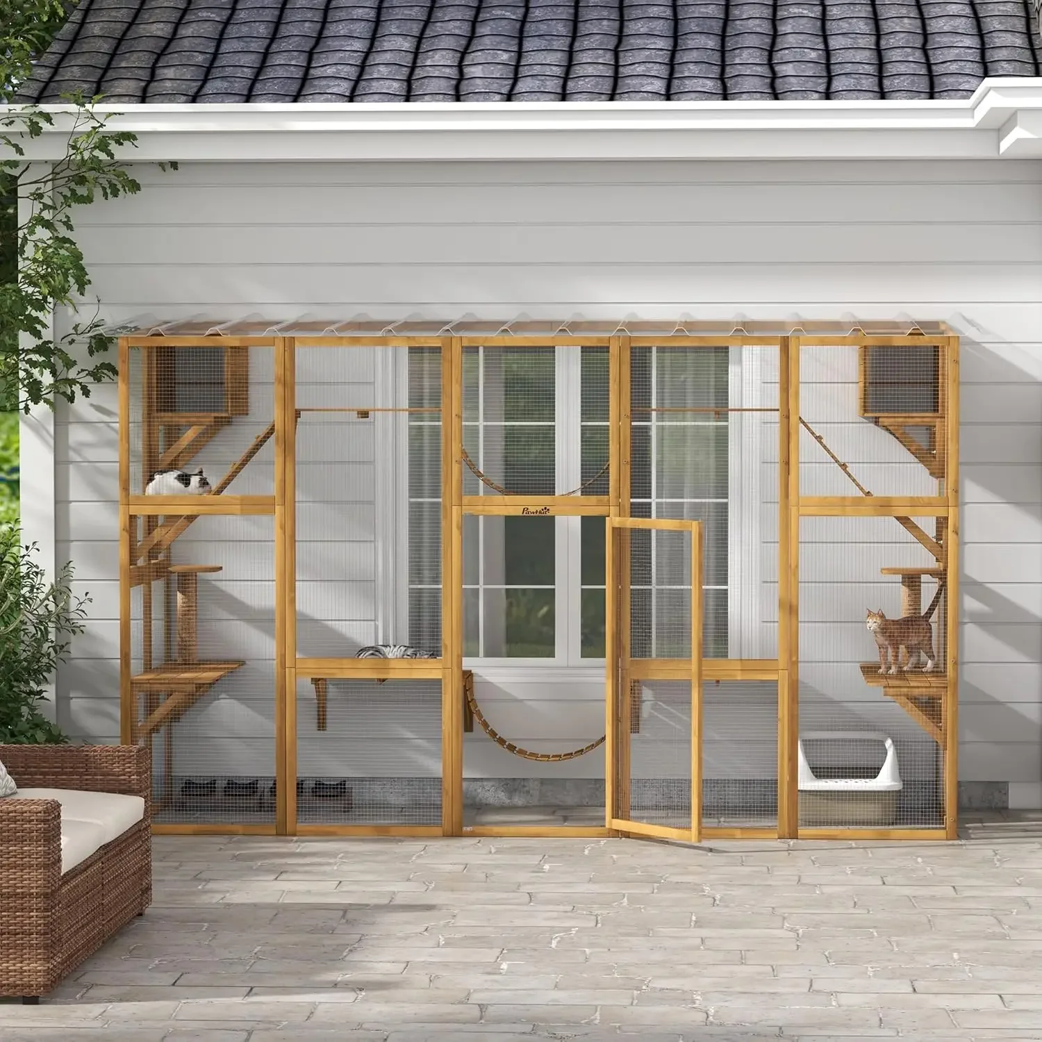 House with Weather Protection Roof for Multiple Kitties, Wooden Frame, Shelves & Bridges, 118" x 37.5" x 74", Yellow