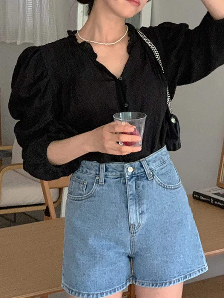 Autumn Chic Solid Loose Blouse Women Pleated Sweety Casual Office Blouse Long Sleeve Vintage Ladies Blouses