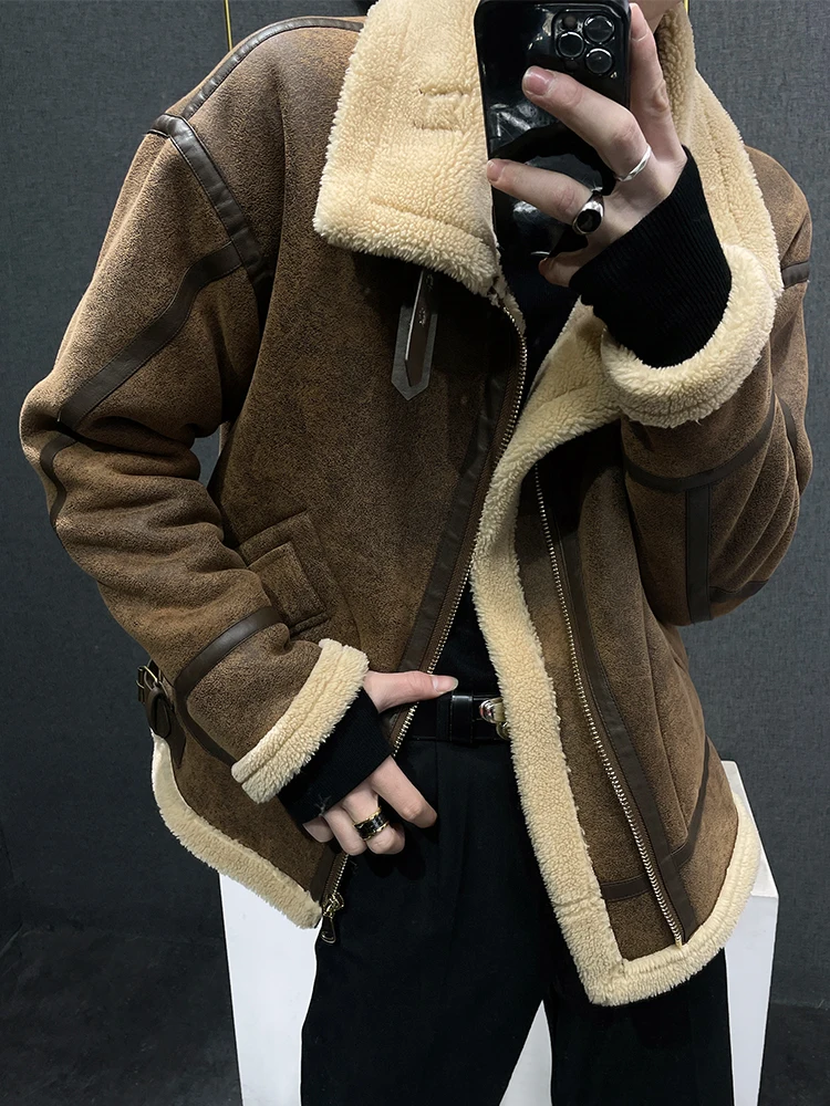 Fashion Retro Fur Coat Men's Winter Thick Motorcycle Jacket Youth Trendy Male Loose Comfortable Lapel Cotton-Padded Coat