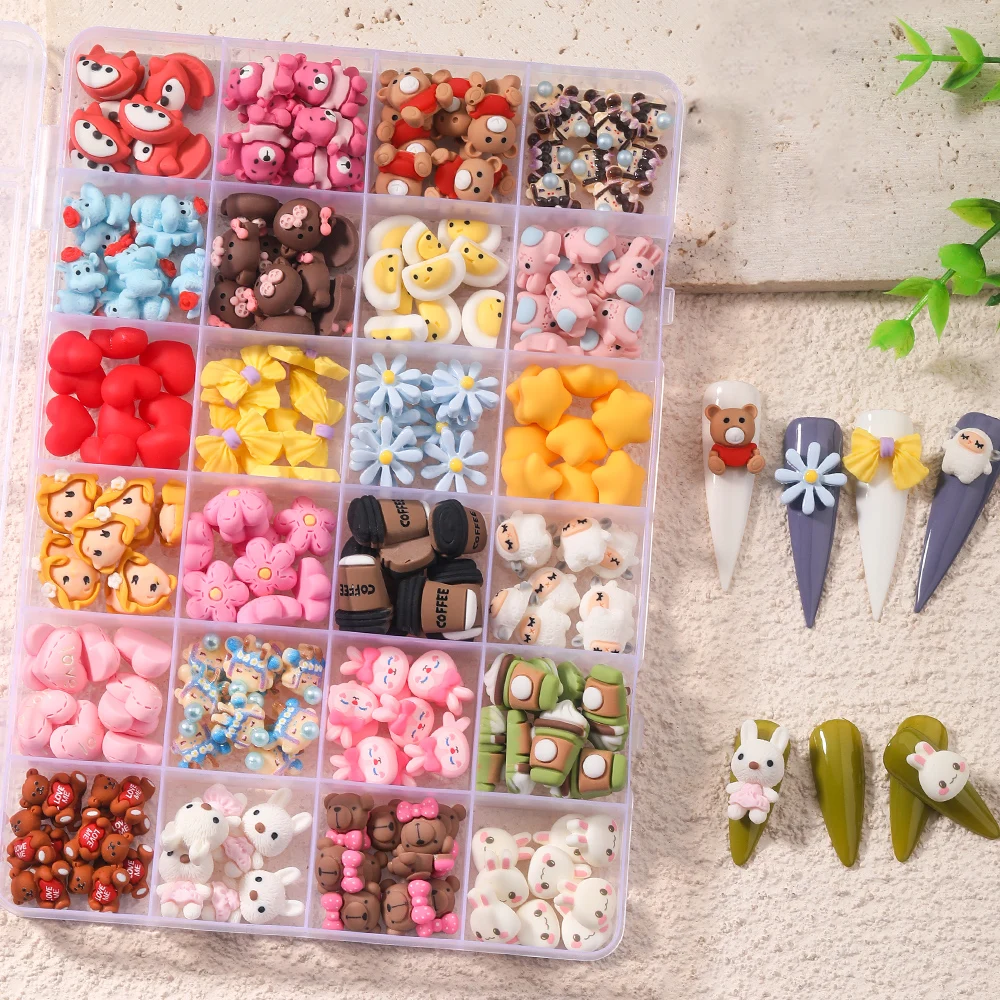 

24 Grid Mixed 3D Cartoon Animal Kawaii Accessories Nail Charms Acrylic Resin Nail Parts Nail Art Decoration Manicure Design