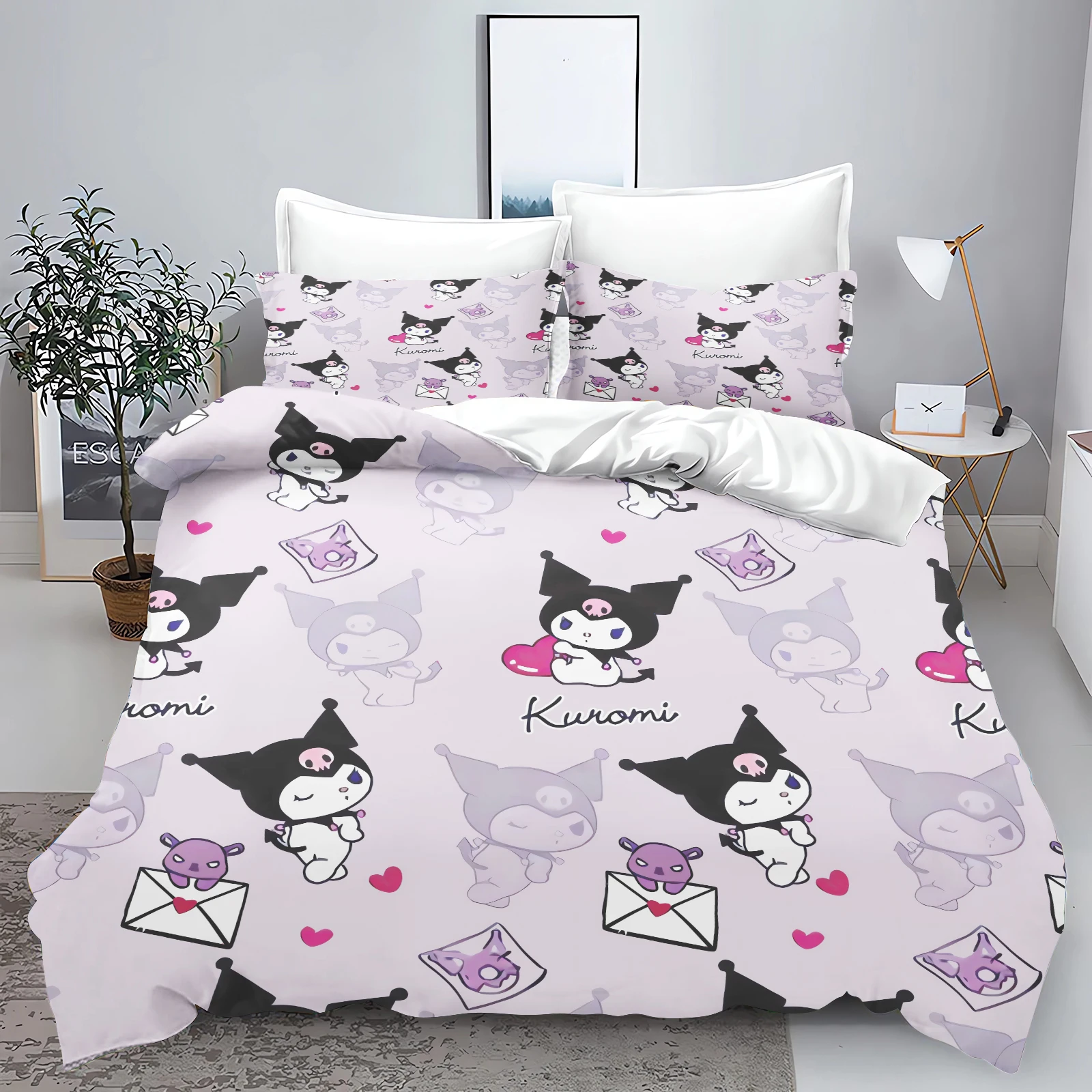 Kuromi Quilt Cover Cute Cartoon Printed Bedding Sets for Kids Sanrio Duvet Queen Size Home Modern Comforter Gifts for Kids 3 Pcs