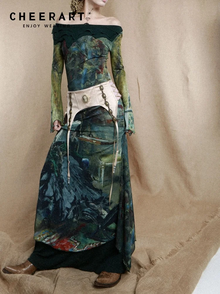 CHEERART Oil Painting Green Off The Shoulder Maxi Dress 2025 Woman Vintage Mesh Tunic Long Vacation Dress Women High Fashion