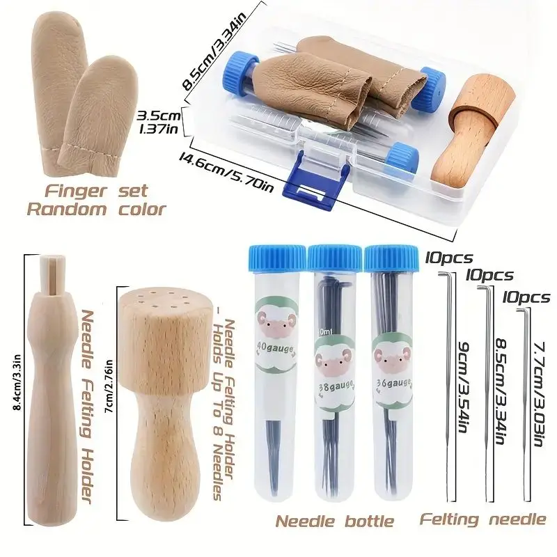 Needle Felting Kit 30Pcs Needles 3 Size Felting Needles Wooden Handle Finger Cots For DIY Wool Projects