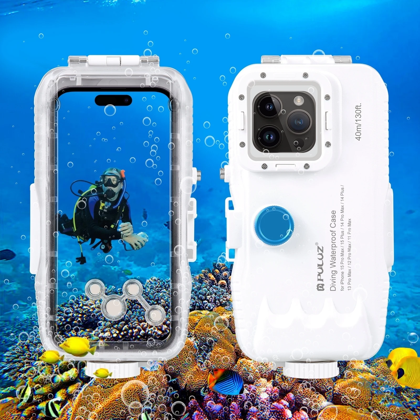 PULUZ 40m/130ft Waterproof Diving Case For iPhone 15 Pro Max 14 13 12 11 with One-way Valve Photo Video Taking Underwater Housin