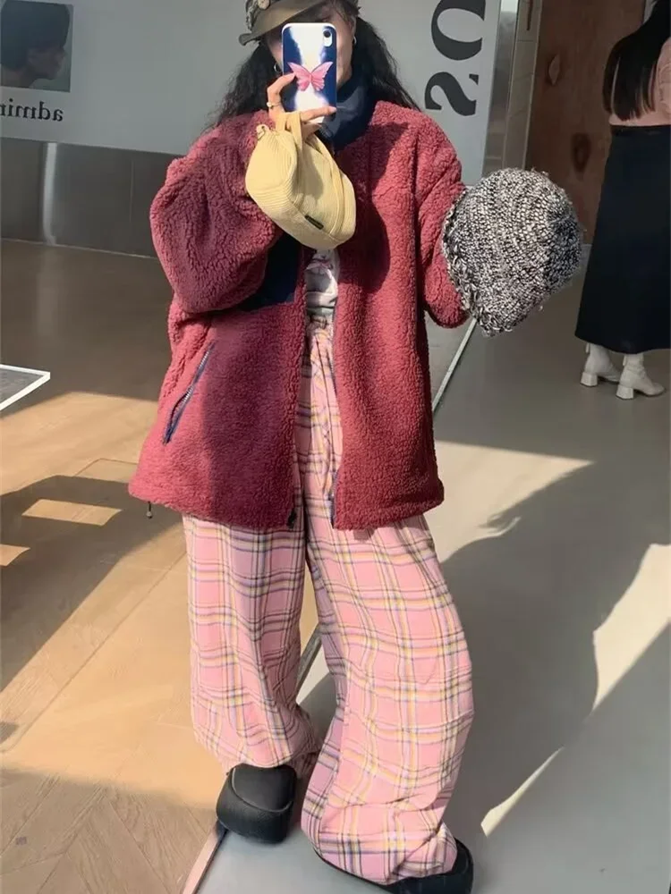 Deeptown Y2K Pink Plaid Pants Women Korean Fashion Winter Wide Leg Checked Trousers Oversized Harajuku Vintage Baggy Sweatpants