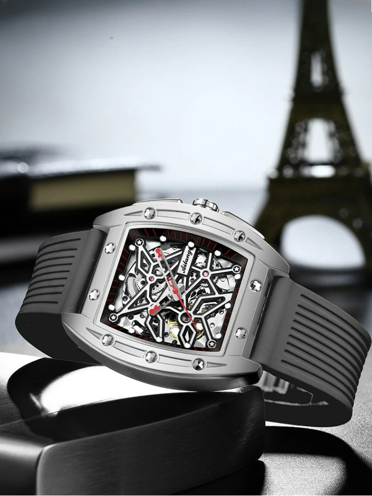 AILANG Herren Automatik-Mechanische Uhr - Tonneau Skelett-Zifferblatt 3ATM Wasserdicht Herrenuhr Leuchtende Gummiarmband Armbanduhr – Detail 2