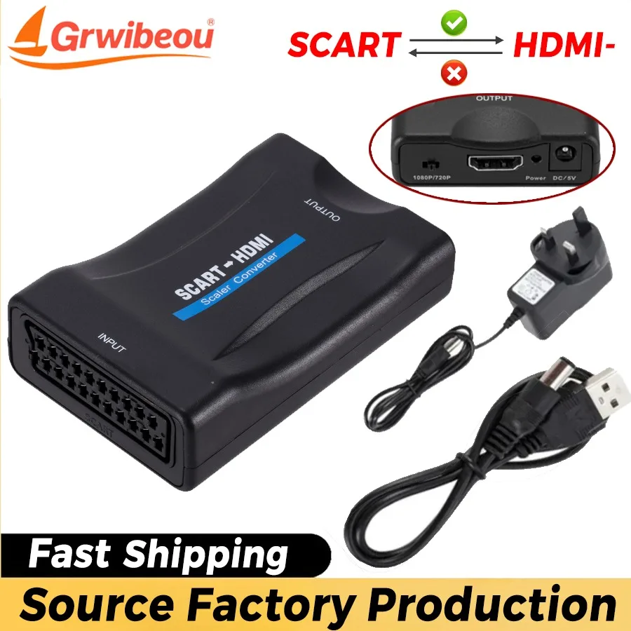 1080P SCART To HDMI-compatible Video Audio Upscale Converter Adapter for HD TV DVD for Sky Box STB Plug and Play DC Cable