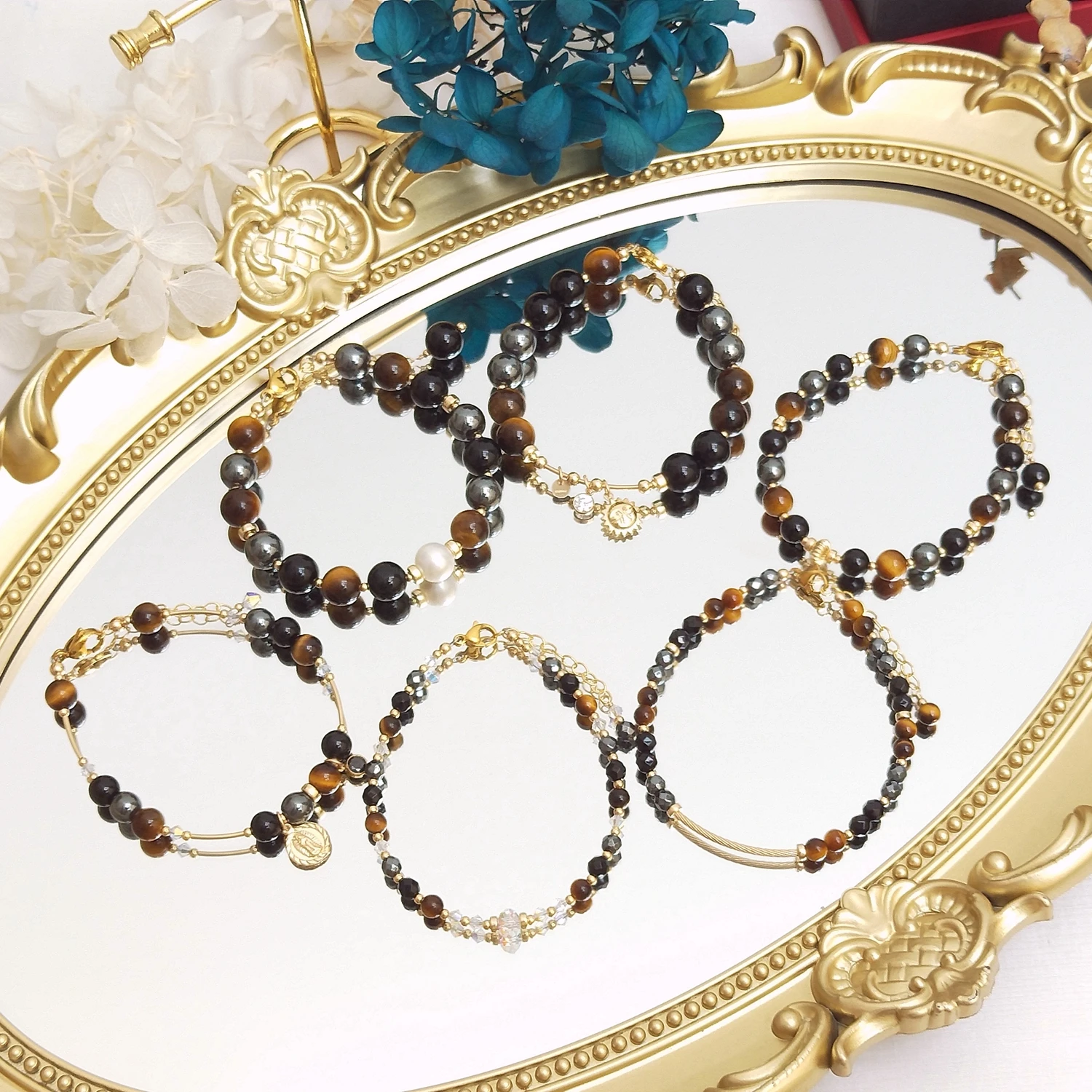 

Lii Ji Black Agate Tiger Eye Hematite 4mm/6mm/8mm 17+3cm 14K Gold Filled Charms Bracelet Handmade Bohe Fashion Jewelry