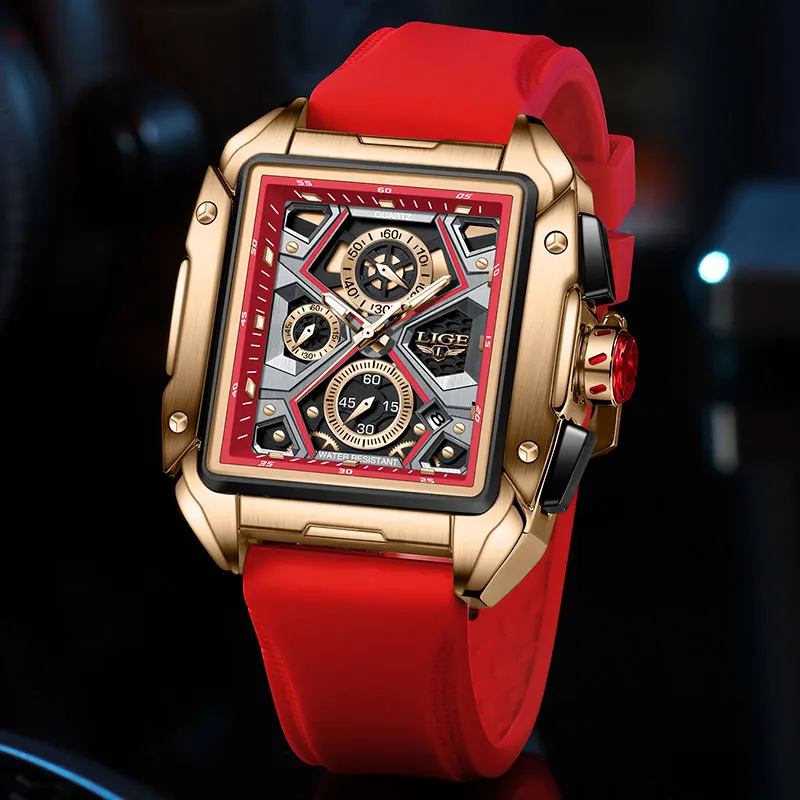 LIGE Luxury Men's Quartz WristWatch Big Watches For Men Fashion Sport Red Rubber Strap watch Cool 30M Waterproof Skeleton Watch