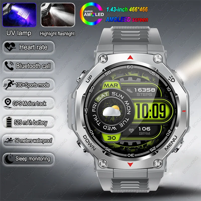 2026 Neue T-Rex 3 Sport-Smartwatch in Militärqualität, GPS-Motion Track, 5 ATM wasserdicht, Herzfrequenz, HD, Bluetooth-Anruf, Smartwatch für Herren