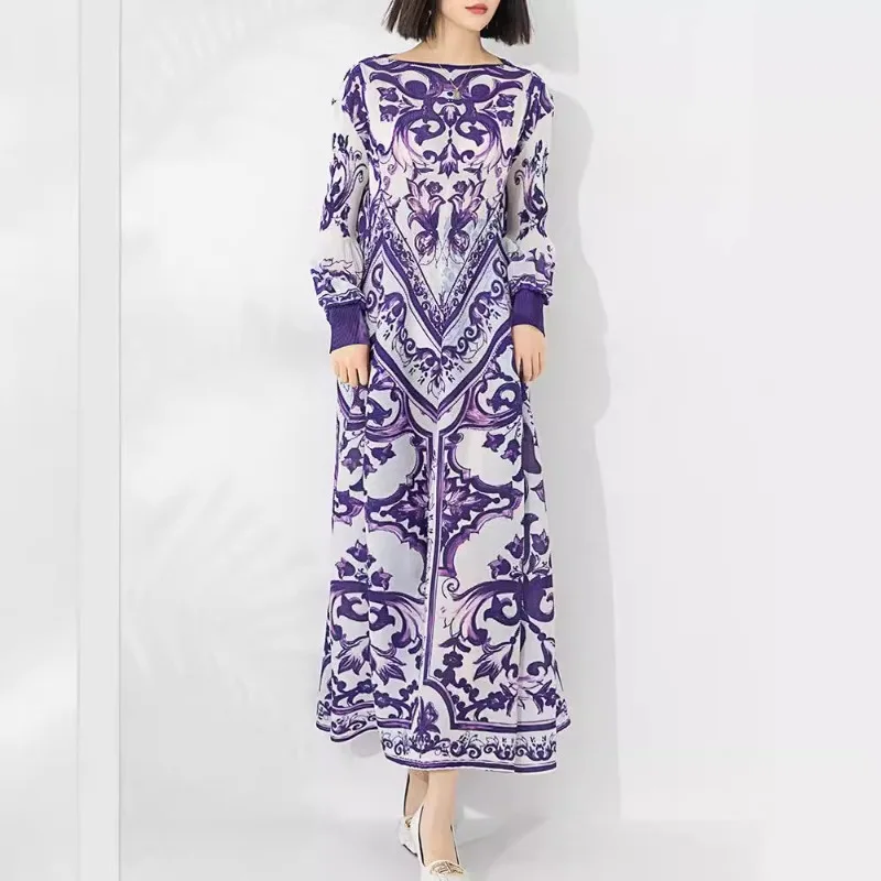 

Folded Retro Dress Fashionable Blue and White Porcelain Printed Round Neck Lantern Sleeves Long Dress 2024 Spring New Edition