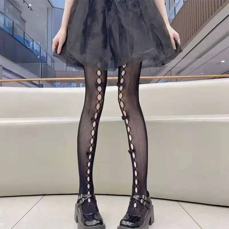 Lolita Cosplay Girls Bowknot Hollow Out Pantyhose Sexy Thin Ins Tide Lace Tights Anime Socks Black White Fishnet Silk Stockings fishnet stockings