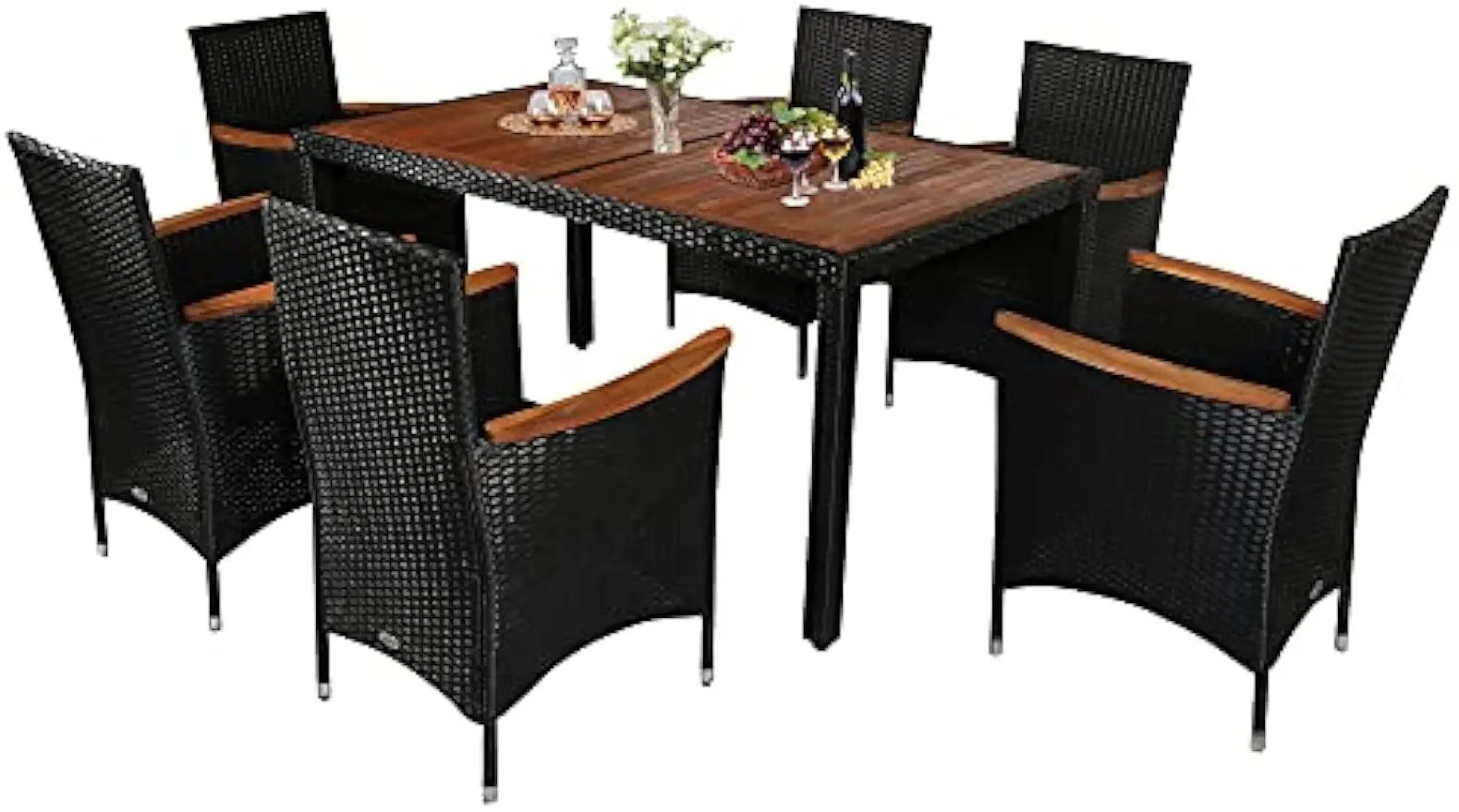 

Patio Dining Set Rattan Wicker Furniture Set with Acacia Wood Table Top, Armrest Chairs with Water-Proof Cushion, Cream White