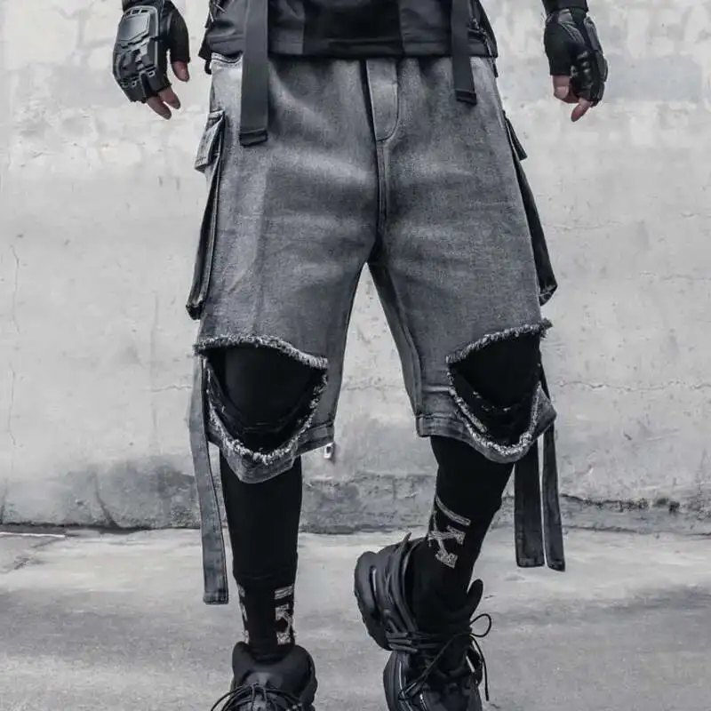 HKSH Niche Design Vintage Jeans Spring Summer High Street Tactical Large Pockets Half Length Denim Pants Washing Chic HK1078