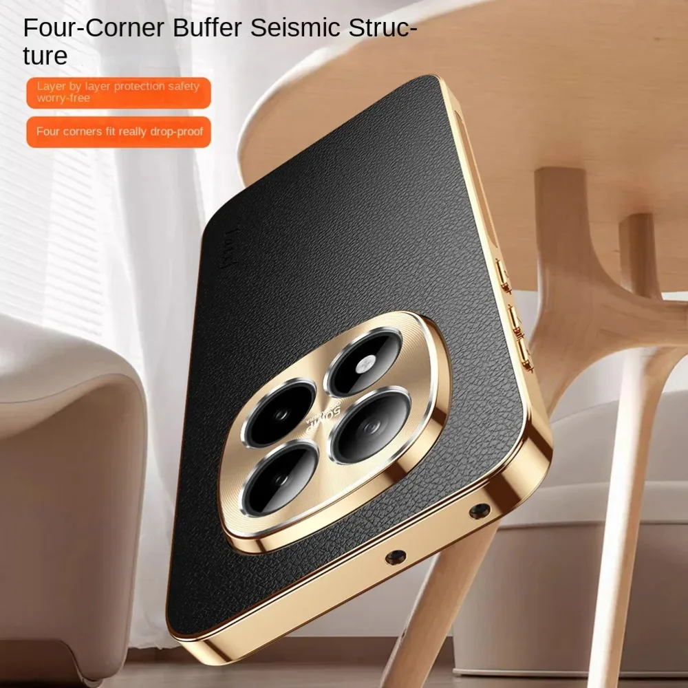 Premium Electroplated Frame Cowhide Leather Phone Case with 4-Lens Protector and Anti-Drop Cover