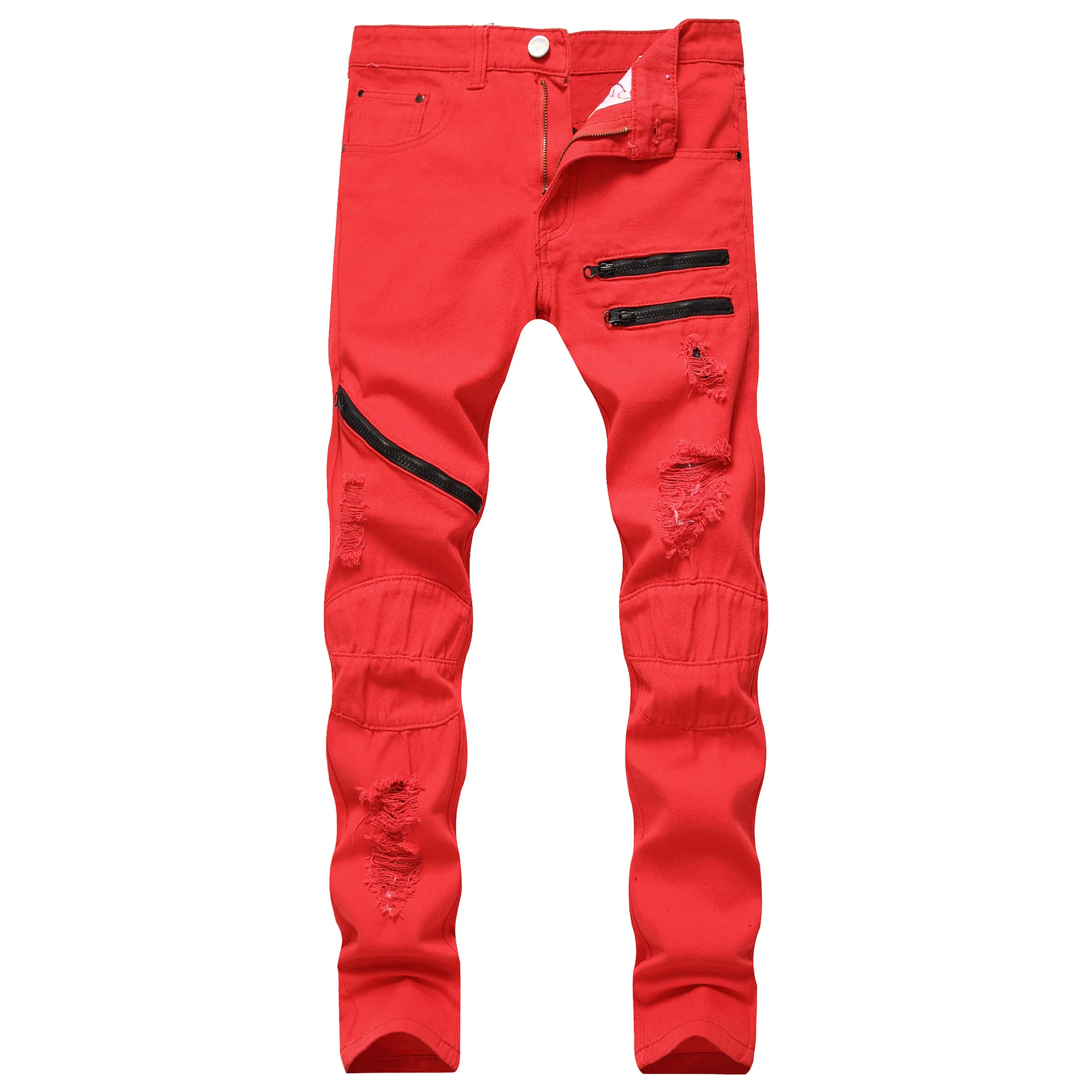 

Spring New Trendyol Mens Hole Denim Trousers Fashion Ripped Red Jeans Hip Hop Vintage Skinny Jeans Man Zip Up Casual Jean Homme