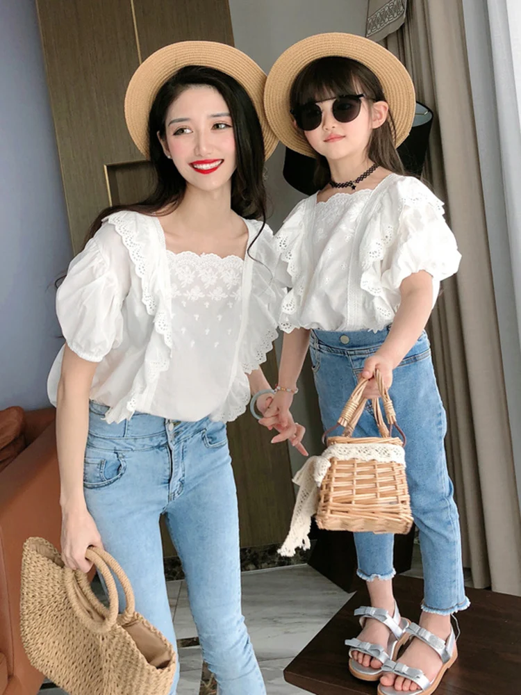 

Parent-child Puff-sleeved White Shirt Western-style Mother and Daughter Summer Clothes Short-sleeved Baby Shirt ropa de 4-6y