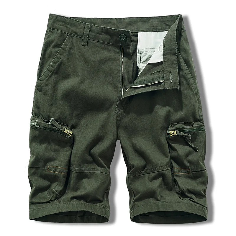 Mehrere Taschen, einfarbig, für den Sommer, lässige Cargo-Shorts für Herren, japanischer Safari-Stil, reine Baumwolle, Reißverschlusstasche, knielange Herren-Shorts_voghion.com