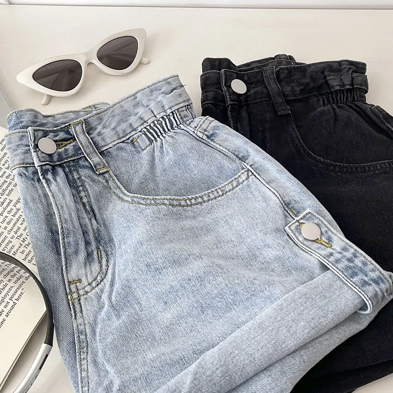 Summer retro blue washed loose slim A-line rolled edge denim shorts