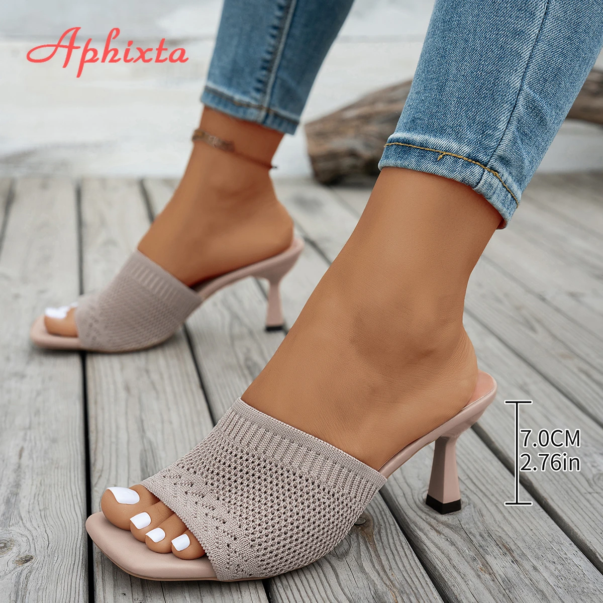 Aphixta Women 7CM High Heels Mules Woman Slides Stretch Fabric Fashion Slippers For Women Summer Shoes Woman 2025 Trend Shoes