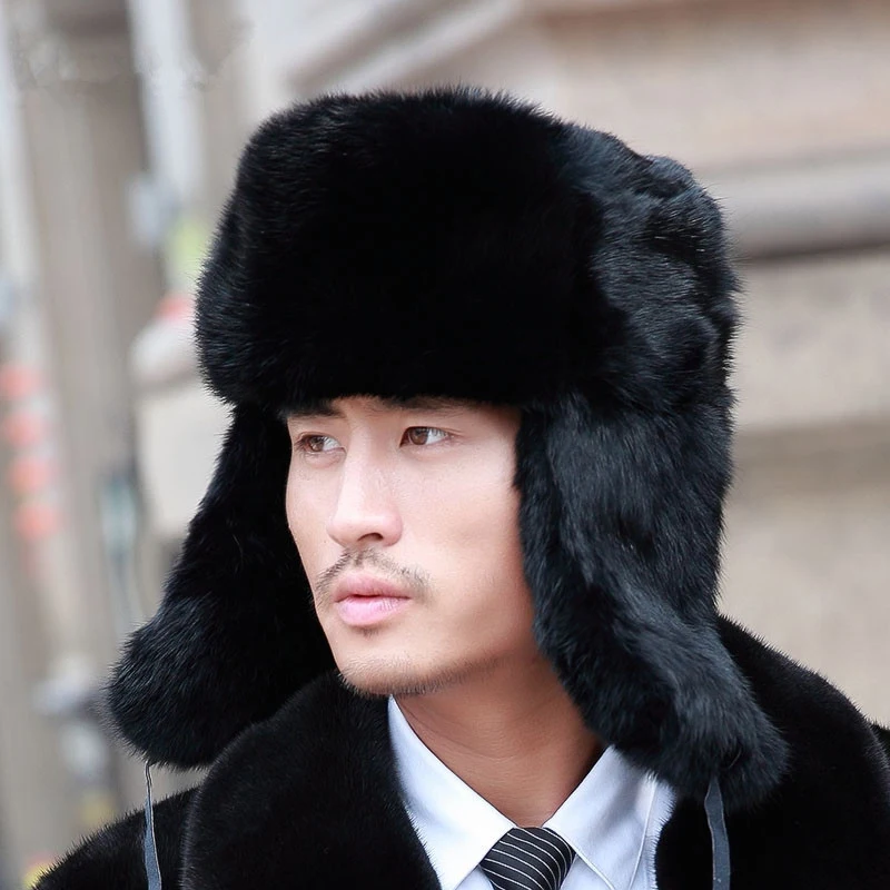 Fashion Thick Warm Bomber Hat Men Real Rabbit Fur Earflap Trapper Russian Cap Male Plus Size Winter Hats for Men Ski Russian Hat 6