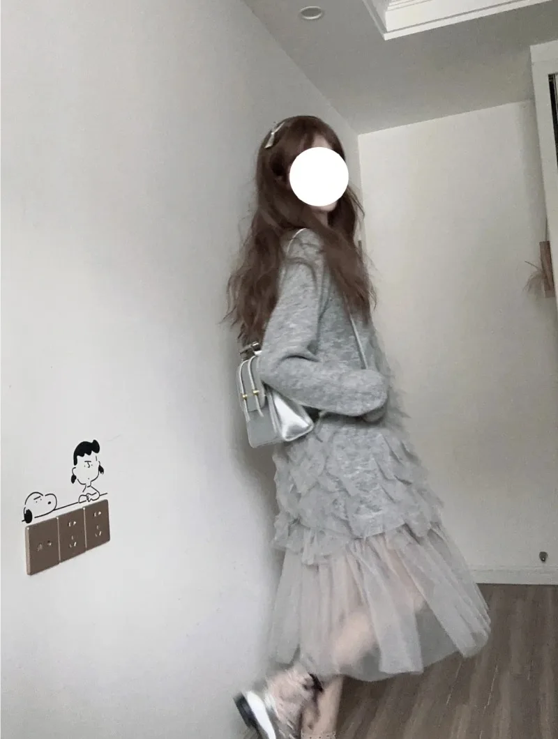 Sweet Hot Girl Chiffon Mohair Thin Knitted Dress Women's Autumn/Winter O-neck Long-sleeve Patchwork Dress Fashion Female Clothes 3