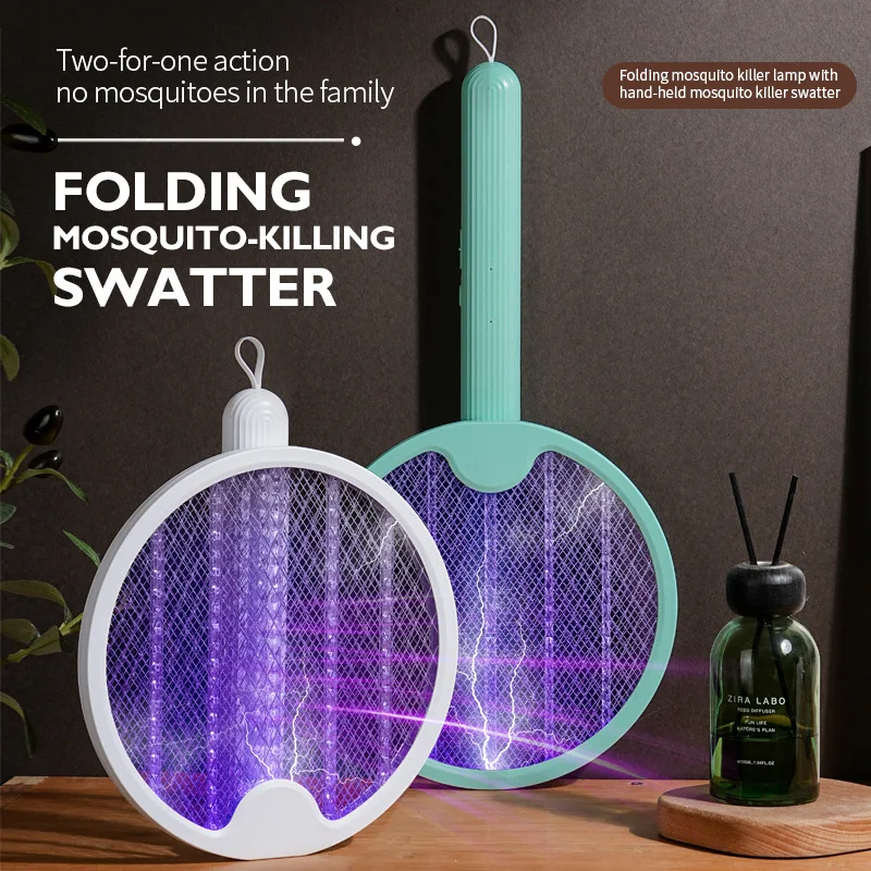 

2 in 1 Foldable Electric Mosquito Swatter USB Rechargeable 180° Insect Killer Lamp Household Mute Handle Repellent Night Light