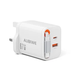 67W 3 - in - 1 Fast Charging Adapter with Retractable Cable, Dual - Port USB - C and USB - A - UK (67W white)