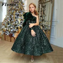 

Floria Dark Green Sequined Princess Flower Girls' Dresses 2022 Party One Shoulder Pageant Toddler Dress First Communion Dress