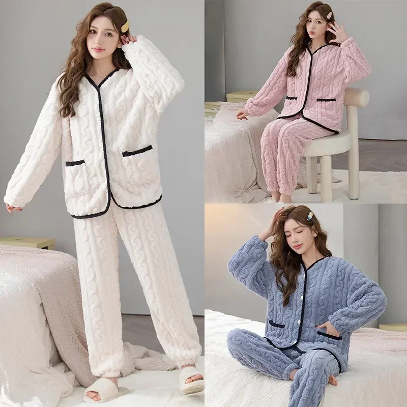 

Pyjama Warm Trousers Autumn Piece Winter Long Two Pj Top Flannel Pajamas Casual Homewear Suit Sleeve Pijama Sleep for Women Sets