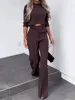 Elegant Office Lady Suits Fashion Solid Color Two Piece Set For Women Casual Crop Top+high Waist Pants Women's Sets 2024 Autumn 4