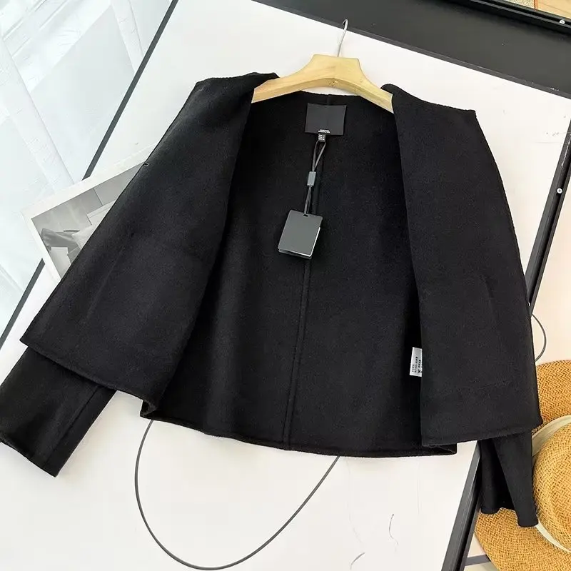 

Withered French Office Ladies Wool Jacket Coat Retro Button Black Elegant Casual Fashion Blazers Jacket Women Tops