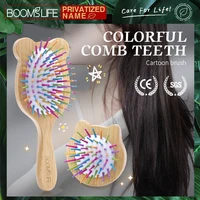 1pc Bamboo Hair Brush Women Cute Cat Style Wood Comb For Girls Custom Name Wide Teeth Airbag Massage Brush Anti-static Hair Comb 1