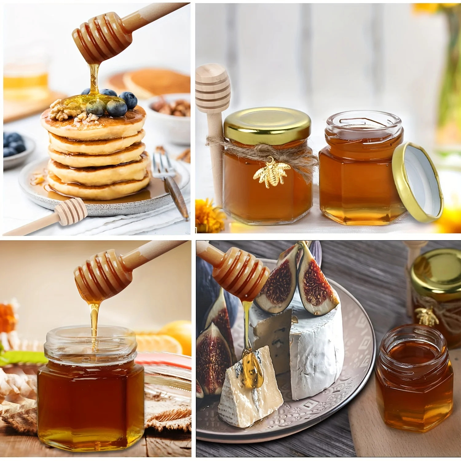 1.5 Oz Hexagon Mini Glass Honey Jars With Wood Dipper, Bee Pendants And Jutes, For Baby Shower, Wedding Favors, Party Favors 3