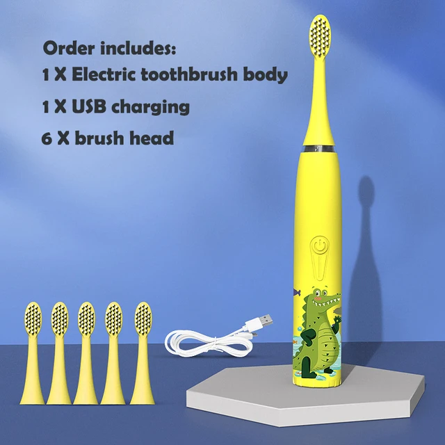 thumbnail image 1 of Cepillo de dientes eléctrico para niños con dibujos animados para niños con mini cabezal de repuesto ultrasónico IPX7, recargable, resistente al agua, 1 of 5