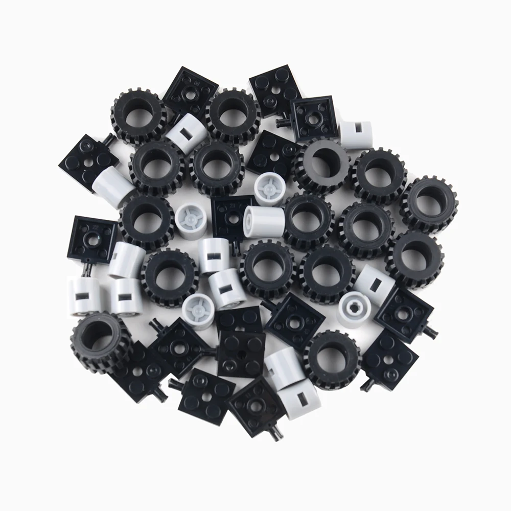 16PCS Wheel + Axle Set Small Particles Building Blocks Bulk Parts DIY Assembly Model Cars Truck Toys Bricks Wheels Accessories
